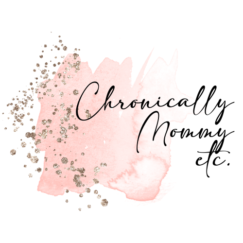 Chronically Mommy etc. logo with a pink watercolor background and gold glitter