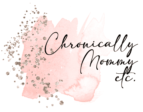 Chronically Mommy etc. logo with a pink watercolor background and gold glitter