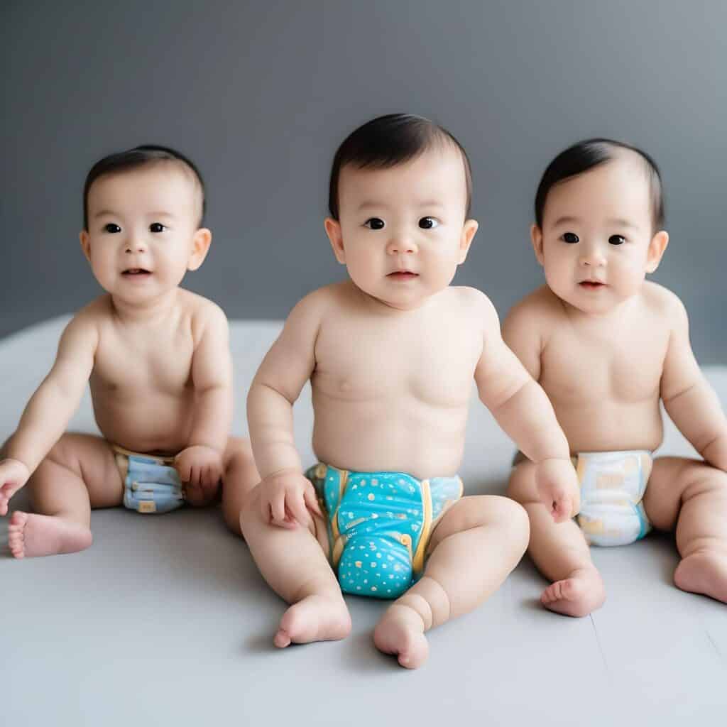 Three babies wearing cloth diapers